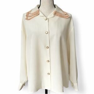 Vintage Susan Bristol Blouse Cream Gold Trim Collar Size 14 Classic Chic Shirt
